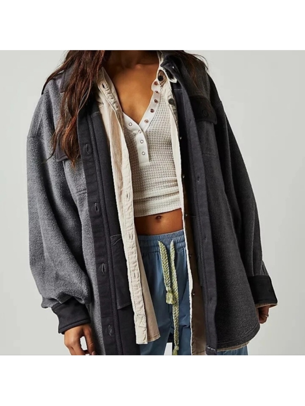 Free People Ruby Jacket Washed Black Oversized Cozy Shacket Small